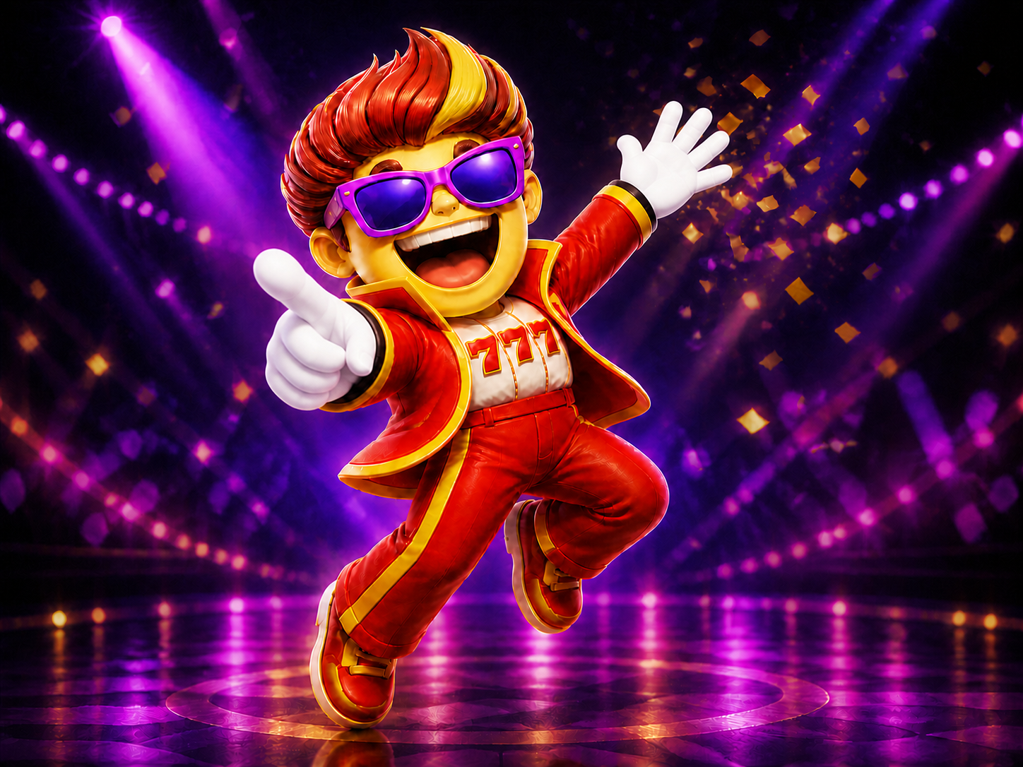 Grand Fortune Club mascot dancing on a violet stage